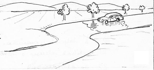 Az országút felszínén csillogni látszó, valójában nem létező víztükörben még a fák, járművek tükörképe is látszik