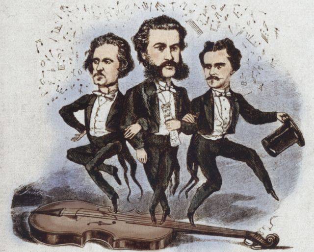 A zeneszerző, karmester Strauss-testvérek: a „keringőkirály” Josef, Johann és Eduard • József és testvérei címmel megjelent karikatúra, 1869 • Kép forrása: johan-strauss.org.uk