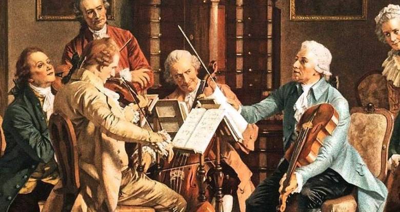 A Haydn-testvérek, Joseph és Michael hosszú időn át éltek Magyarországon: Joseph Esterházy Pál herceg udvari zeneszerzőjeként, Michael a nagyváradi püspöki zenekar karnagyaként • Ismeretlen 18. századi festő: Házimuzsika –
a kamarazenekar csellistája Jos