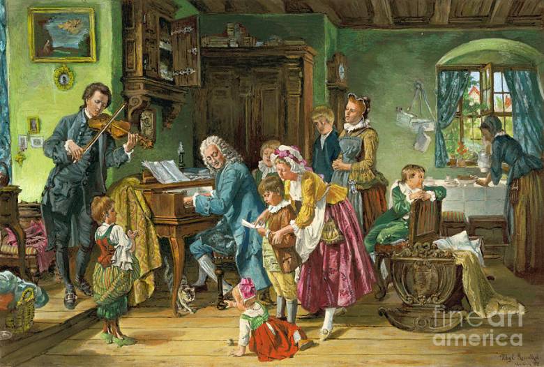 A házimuzsikának is szerepe lehetett abban, hogy Johann Sebastian Bach négy fiából a 18. század neves zeneszerzője lett • Ismeretlen 19. századi festő: Reggeli ima a Bach családban • Kép forrása: fineartamerica.com