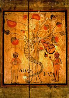 A bűnbeesés jelenete: Ádám és Éva a kígyóval a szilágylompérti templom mennyezetén • Kép forrása: kalotaalapihvany.hu