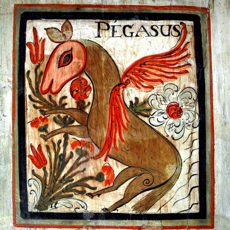 Pegazus, a görög mitológia szárnyas lova a szilágylompérti templom mennyezetén • Kép forrása: tarcankinalom.blog.hu