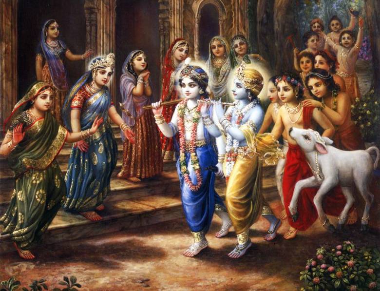 A hindu mitológiában Visnu teremtő isten megtestesülése volt a legtöbbször fuvolával ábrázolt Krisna és testvére, a kezében ekével, pásztorok társaságában megjelenített Balaráma • Kép forrása: templepurohit.com