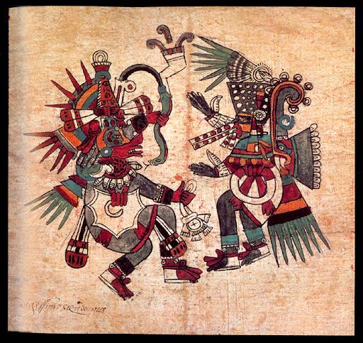 Az azték teremtésmítoszban a mindent tudó és mindent látó Tezcatlipoca (Füstös tükör) és testvére, a tudás istene, Quetzalcoatl (Tollaskígyó) versengtek, hogy minél tökéletesebb világot alkossanak • illusztráció egy 13. századi kéziratban • Kép forrása: x