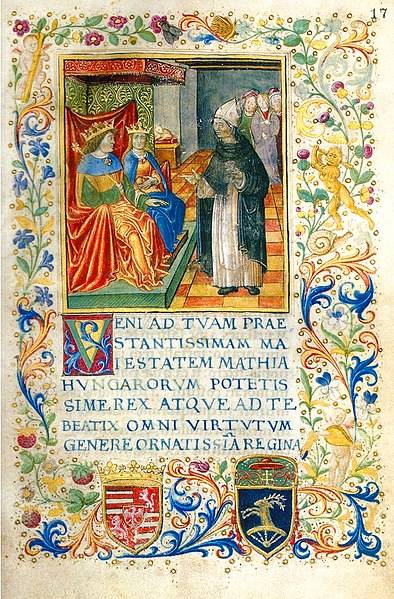 Mátyás és Beatrix fogadja Ransanus nápolyi nagykövetet (a Ransanus-corvina egy lapja) • Kép forrása: Wikipédia