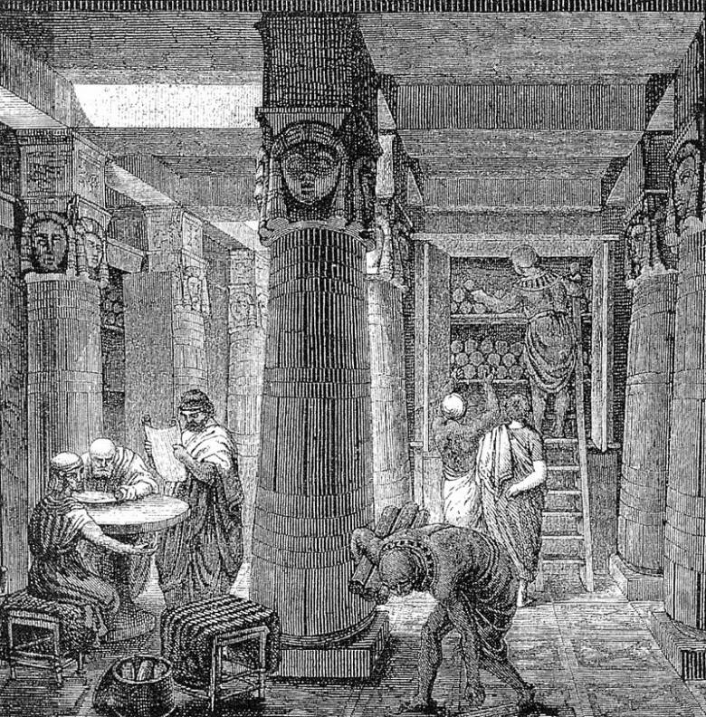 Róma polgárai a Kr. u. 4. század elején már 28 nyilvános könyvtárban művelődhettek (ókori római könyvtár olvasóterme kosarakban, polcokon tárolt pergamentekercsekkel egy 19. századi metszeten) • Kép forrása: rambulatorly.com