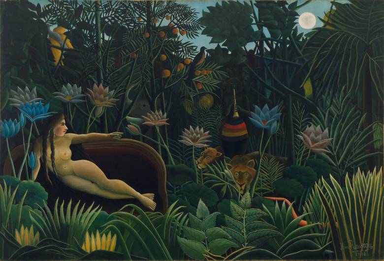 Fantáziavilágot megjelenítő képeivel a szürrealizmus francia előfutárának tekinthető a múlt század leghíresebb naiv festője, „a vámos” (Henri) Rousseau • Az álom, 1910 • Kép forrása: Wikipédia