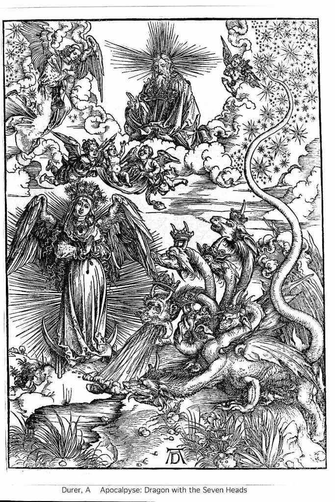 A hétfejű sárkányt legyőző Napbaöltözött Asszony • Albrecht Dürer metszete, 1498 • Kép forrása: Wikipedia
