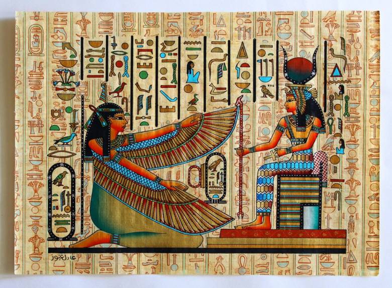 A fáraókat és a holtak lelkeit védelmező, kitárt szárnyakkal ábrázolt Ízisz egyiptomi termékenység istennő egy óegyiptomi papirusztekercsen • Kép forrása: arkangallery.com