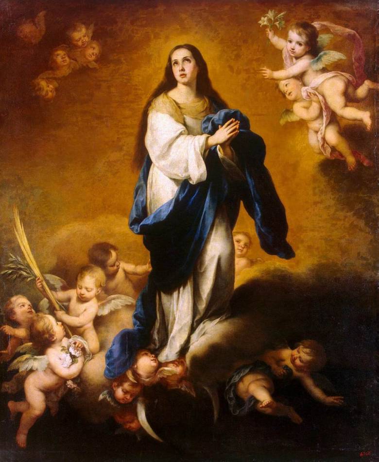 Szűz Mária angyalok társaságában Bartolomé Esteban Perez Murillo Szeplőtlen fogantatás című festményén (1678) • Kép forrása: Wikimedia