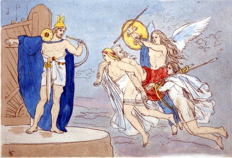 A gyönyörű valkűrök a harcmezők hősi halottait vitték a skandináv mitológia mennyországába, a Valhallába, Odin palotájába • Lorenz Frølich illusztrációja, 1906 • Kép forrása: Wikipedia