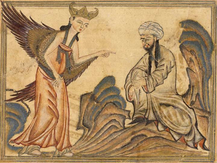 Mohamednek, az iszlám utolsó prófétájának Dzsibríl (Gábriel) arkangyal diktálta 20 éven át az Allah tanításait tartalmazó Koránt • miniatúra egy 14. századi perzsa kéziratban • Kép forrása: Wikimedia