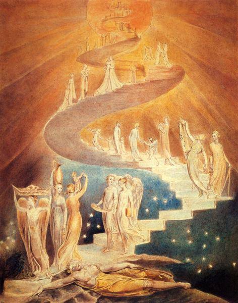 A bibliai Jákob látomásában megjelent égig érő létrán angyalok jártak-keltek, tetején pedig Isten állt • William Blake: Jákob létrája, 1800 • Kép forrása: Wikipedia