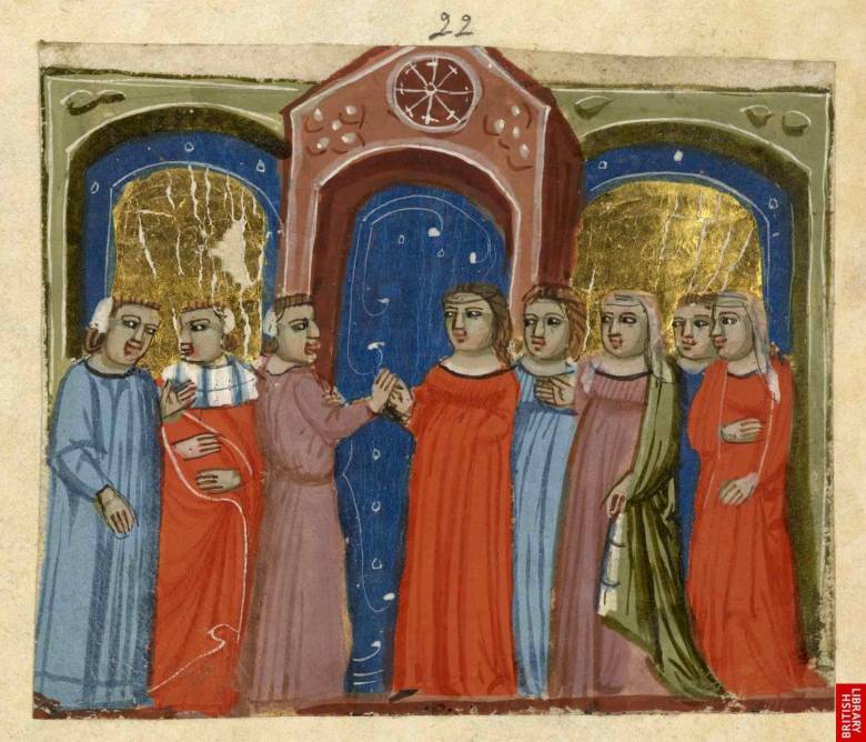 A középkori asszonyok nem választhattak férjet, és házasság után (vagyonukkal együtt) férjük tulajdonává váltak (esküvő egy 13. századi miniatúrán)