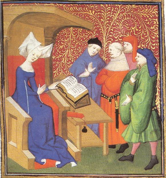 A nők tanuláshoz való jogát elsőként hangoztató Christine de Pisan A nők városa című regényének képzeletbeli városát
a történelem híres nőalakjai építették maradandó alkotásaikból (az írónő 1413-ban)