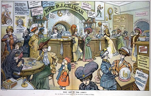 A szavazati jog elnyerése utáni elborzasztó (1908-ban elképzelt) jövőkép a férfiak szent helyein, a kávéházakban szórakozó asszonyokkal